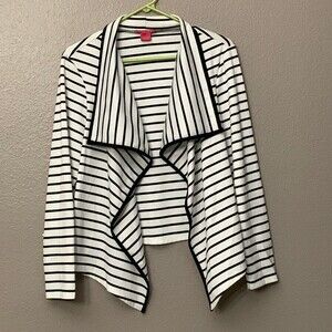 Sunny Leigh Black and White Striped open front  Drape Cardigan Large